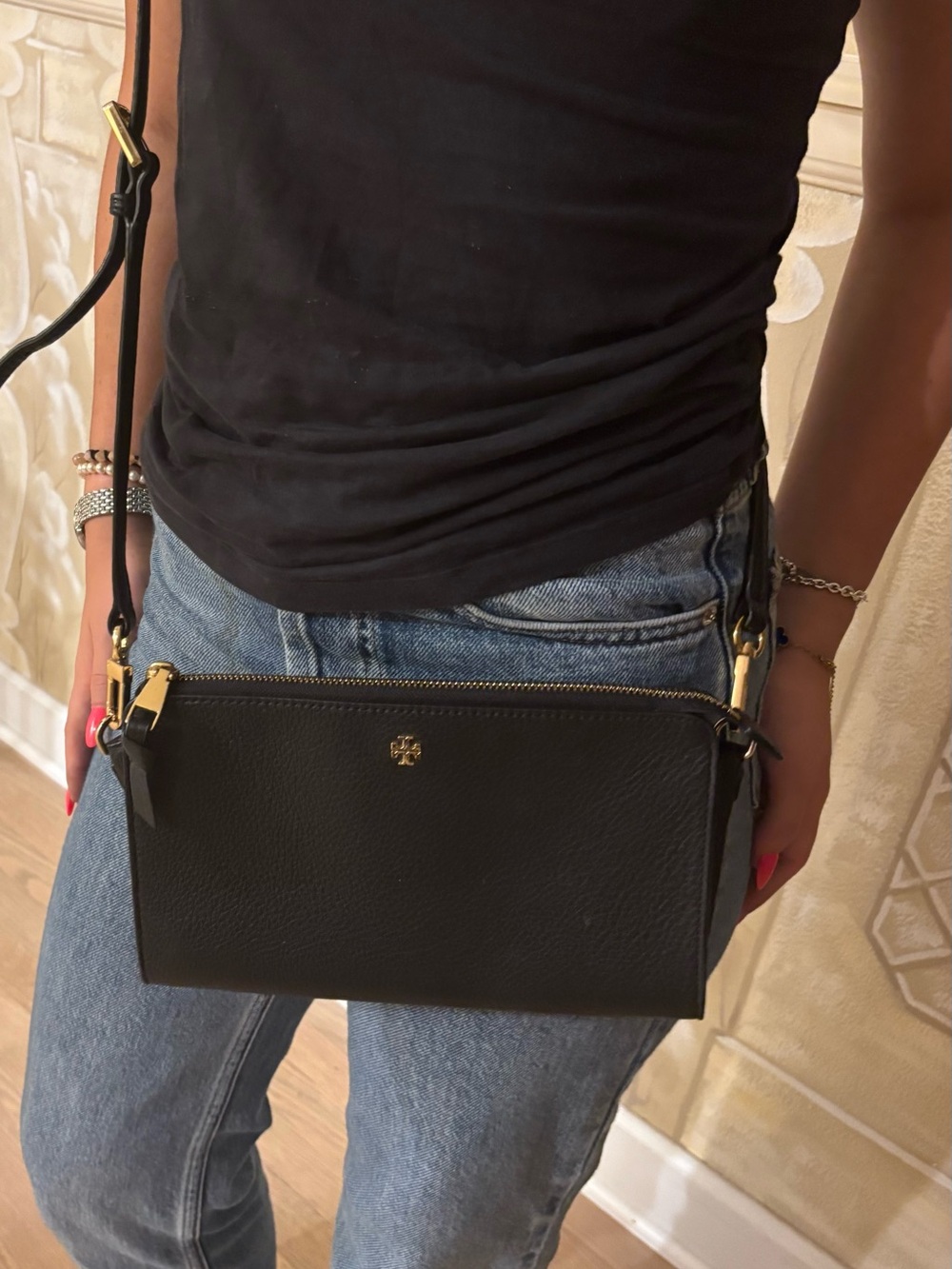 Tory Burch Black Pebbled Leather Minimalistic Crossbody with Gold Hardware
